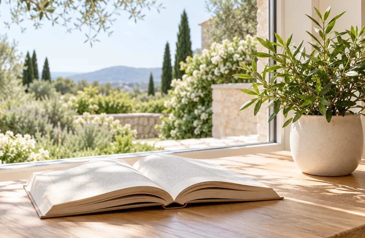 Libro abierto junto a una ventana con vistas a la naturaleza